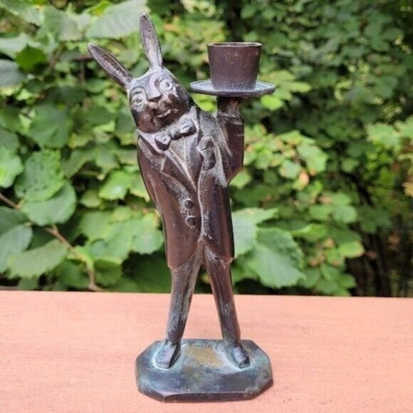 Vintage Other - SOLD: VTG Alice in Wonderland Rabbit in a Suit Brass Candlestick Holder Woodland
